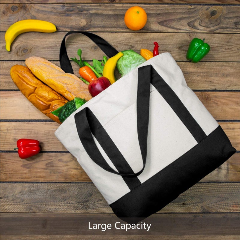 TOPDesign 3-Pack Canvas Tote Bags with an External Pocket, Reusable Grocery Shopping Bags, Top Zipper Closure, Daily Essentials (Black/Natural) - Image 4